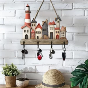 1 PCS 2D Wooden Hanging Decoration Seaside Lighthouse Town Wooden Sign Simple Key Hangers Wall Art Wall Decor Porch Decor