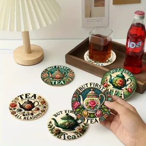 6 PCS 2D Wooden Mugs Colorful Flower Teapot Patterns Theme Desktop Insulation Mats Home Decor Coffee Cup Coasters Office