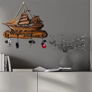 1 PCS Sailing Boat Wooden Sign 2D Hanging Wall Art with Household Key Hooks Minimalist Key Hangers Decorative Wall Piece