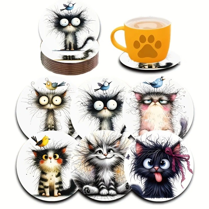 6 Pieces 2D Wooden Coasters Cute Black Cat Pattern Theme Desktop Heat Mats Home Decor Coffee Cup Coasters Office - Image 4