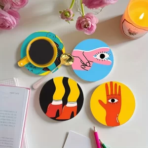 Set of 6 2D Drink Theme Pattern Art Coasters Round Wooden Heat Resistant Non-Slip Home Decor Gift Multifunctional Decoration