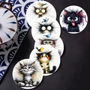 6 Pieces 2D Wooden Coasters Cute Black Cat Pattern Theme Desktop Heat Mats Home Decor Coffee Cup Coasters Office