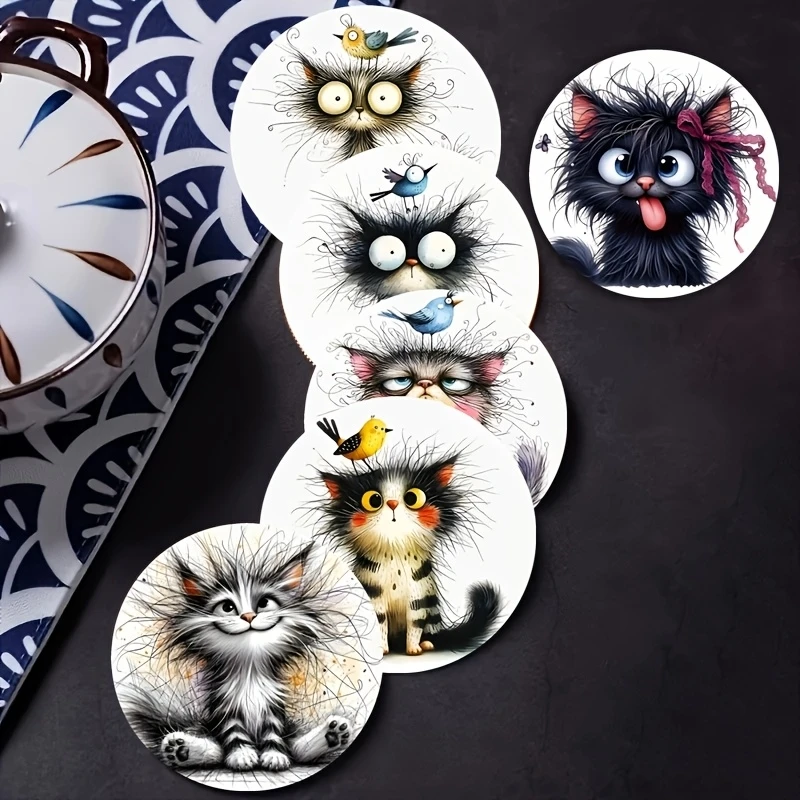 6 Pieces 2D Wooden Coasters Cute Black Cat Pattern Theme Desktop Heat Mats Home Decor Coffee Cup Coasters Office