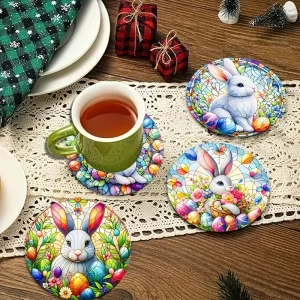 6pcs Round Wooden Art Coasters 2D Floral Rabbit Theme Heat Resistant Non-Slip Home Decor Multifunctional Gift Set