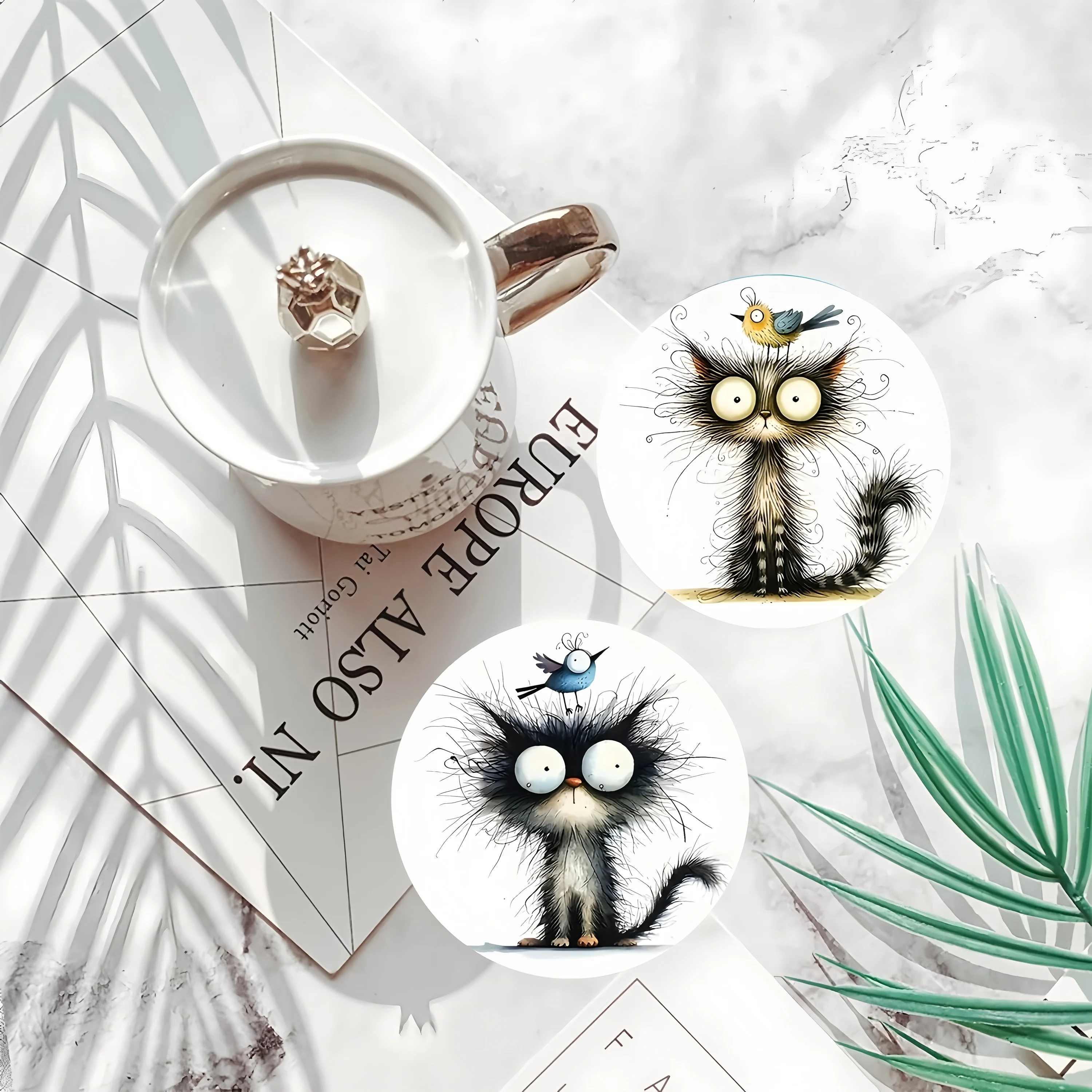 6 Pieces 2D Wooden Coasters Cute Black Cat Pattern Theme Desktop Heat Mats Home Decor Coffee Cup Coasters Office - Image 2