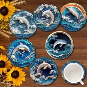 6 Pieces 2D Wooden Coasters Dolphin Pattern Theme Desktop Insulation Mats Home Decor Coffee Mug Coasters For Office Restaurant