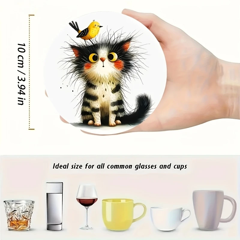 6 Pieces 2D Wooden Coasters Cute Black Cat Pattern Theme Desktop Heat Mats Home Decor Coffee Cup Coasters Office - Image 3