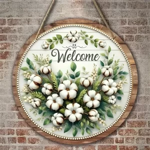 2 Piece 2D Wooden Disc Green White Wreath Welcome Theme Wall Art Sign 8 Inch For Home Office Living Room Bathroom Bar Cafe