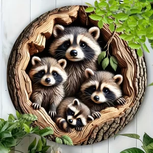 1pc 2D Wooden Disc Four Raccoon Model Logo For Home Cafe Bar Apartment Restaurant Room Decoration Waterproof Durable 8 inch