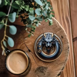 Set of 6 2D Chinese Dragon Theme Pattern Art Coasters Round Wooden Heat Resistant Non-Slip Home Decor Gift Multifunctional