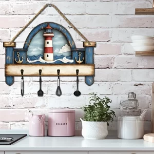 1 Piece 2D Wooden Hanging Decoration Ocean Lighthouse Wooden Sign Simple Key Hangers Wall Art Wall Decor Porch Decor Room